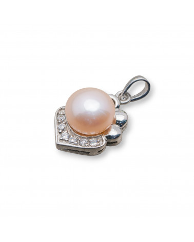 Ciondolo Pendente Gioiello in Argento 925 con Perla Naturale e Zirconi Pavè 11x21mm Rosa-ΑΣΗΜΙ 925 ΣΧΕΔΙΟ ΙΤΑΛΙΑ | Worldofjewel.com