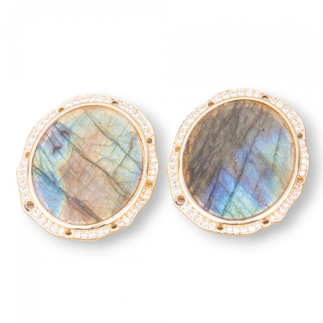 Bronze Pendant Component with Hard Stones Set Oval 28x31mm with 8 Holes 4pcs-LINKS NATURAL STONES LITHOS COLLECTION | Worldofjewel.com