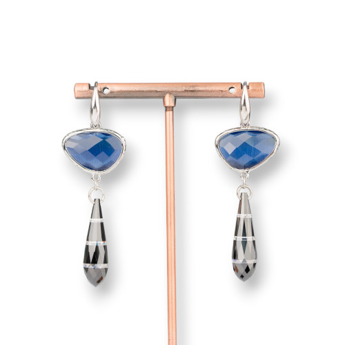 Boucles d'oreilles à fermoir à levier en argent 925 avec élément en bronze, œil-de-chat et zircon bleu en forme de goutte, 20 x 