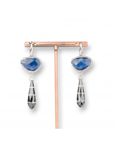 Orecchini A Monachella Di Argento 925 Con Componente Di Bronzo Con Occhi Di Gatto E Zirconi A Goccia 20x64mm Blu-ORECCHINI 925 SILVER HANDMADE | Worldofjewel.com