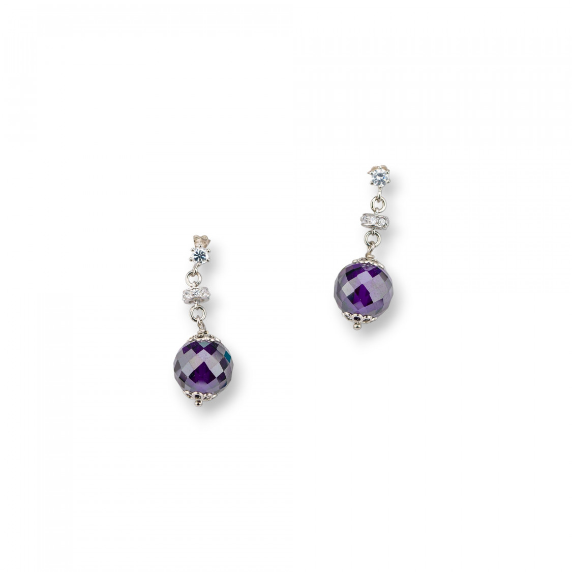 Orecchini A Perno Di Argento 925 Con Zirconi A Sfera Sfaccettata E Rondelle Zirconate Viola 12x33mm-SILBER 925 DESIGN ITALIEN | Worldofjewel.com