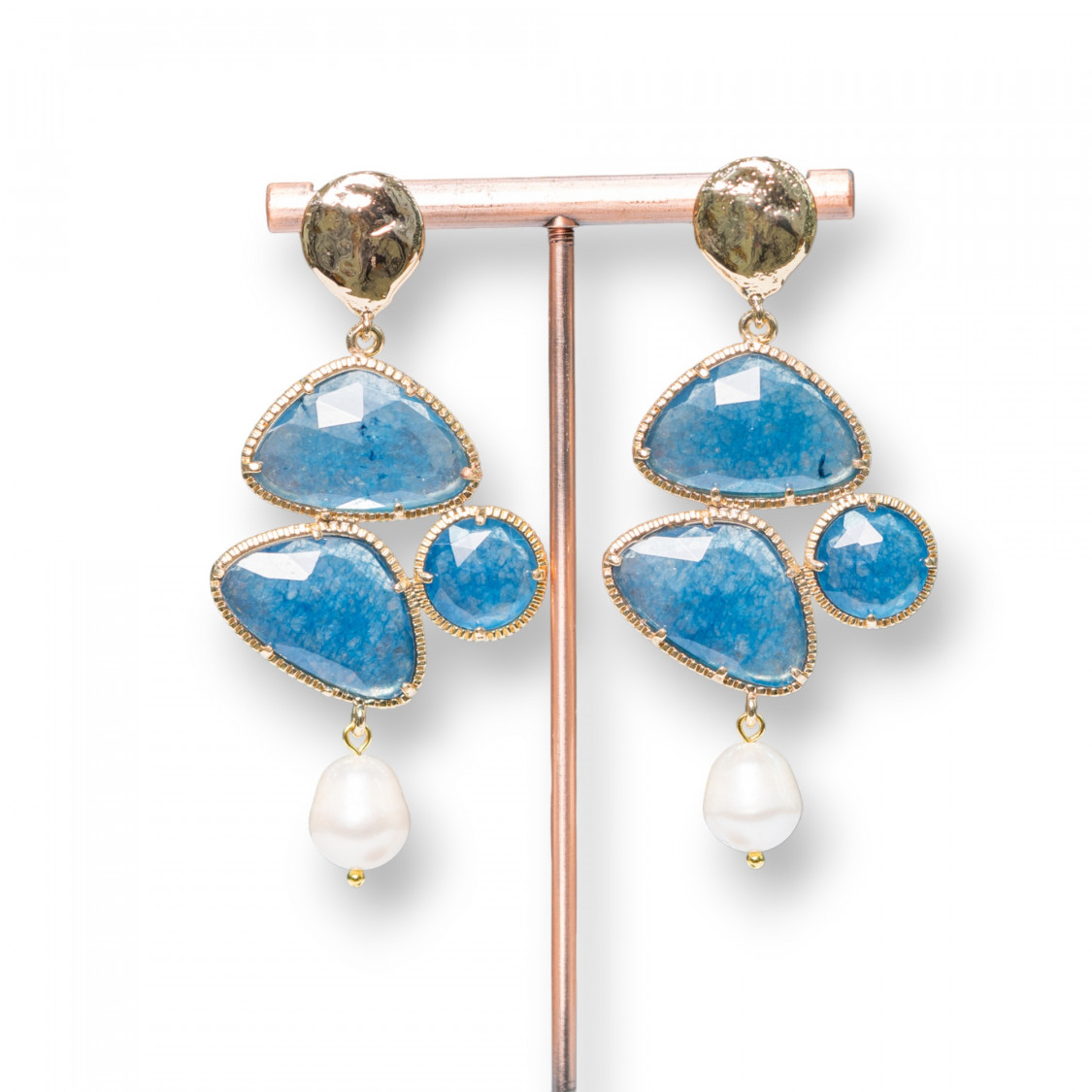 Orecchini A Perno Di Bronzo Battuto Con Cabochon Di Occhio Di Gatto E Gocce Di Perle 34x72mm MOD2-ORECCHINI MADE WITH STYLE | Worldofjewel.com