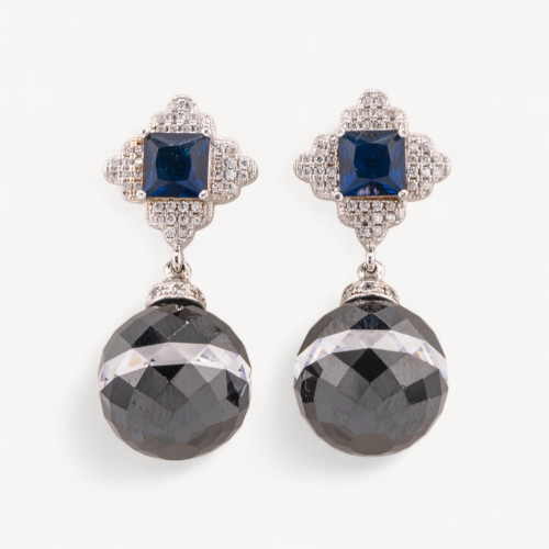 Ohrstecker aus 925er Sterlingsilber mit blauem Zirkonia und runder Zirkonia-Anhänger (14 x 35 mm) in Schwarz und Weiß