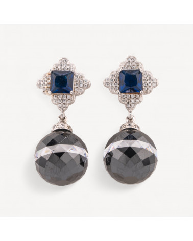 Orecchini Di Argento 925 A Perno Con Zirconi Blu E Pendente Zircone Tondo 14x35mm Nero E Bianco-SILBER 925 DESIGN ITALIEN | Worldofjewel.com