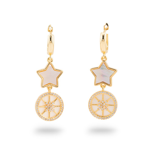 Bronze Stud Earrings with Mother of Pearl and Zirconia 16x46mm Gold Plated