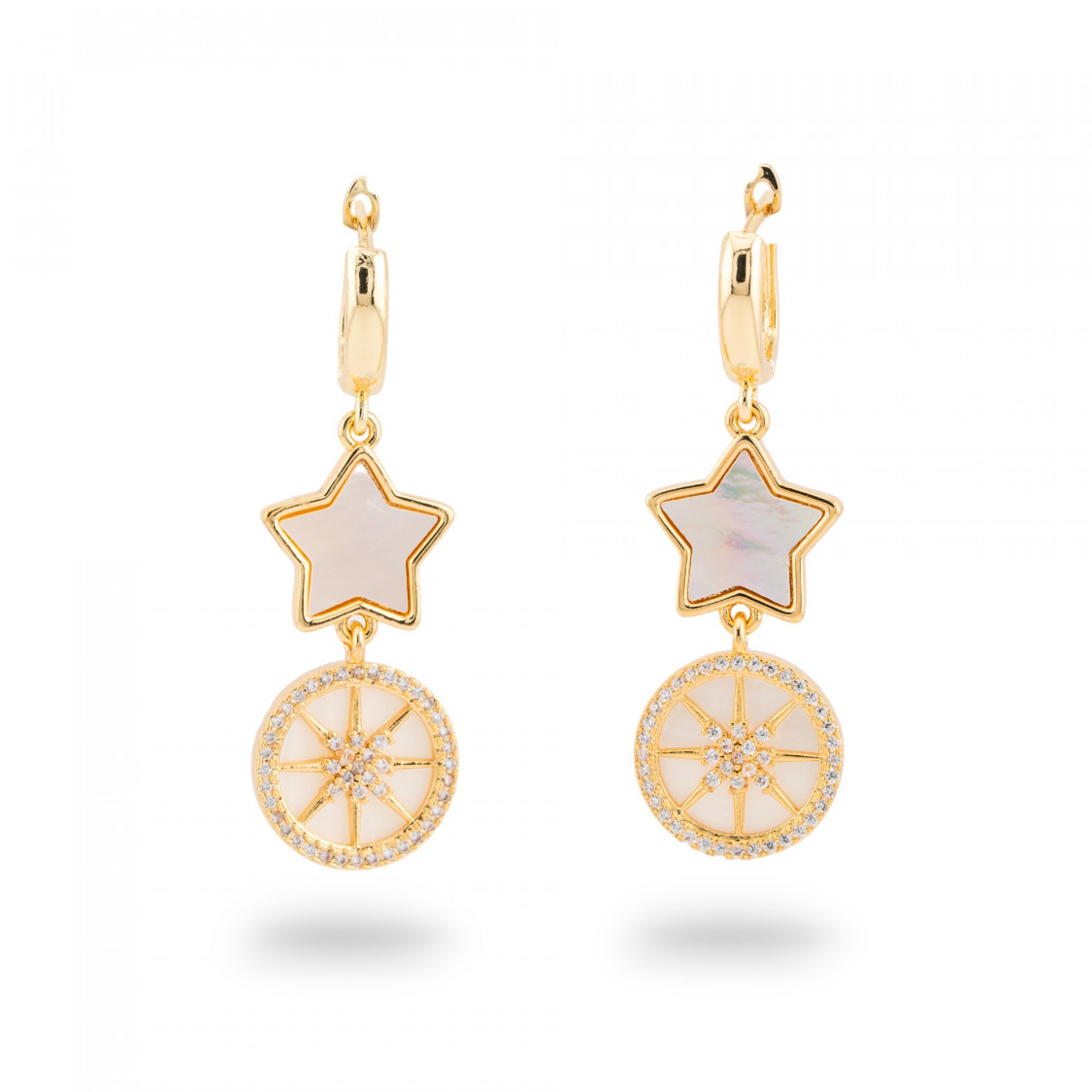 Orecchini Di Bronzo A Perno Con Madreperla E zirconi 16x46mm Dorato-ORECCHINI MADE WITH STYLE | Worldofjewel.com