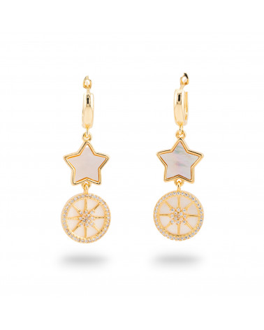 Orecchini Di Bronzo A Perno Con Madreperla E zirconi 16x46mm Dorato-ORECCHINI MADE WITH STYLE | Worldofjewel.com