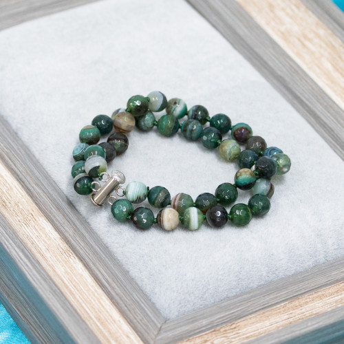 Bracelet Argent 925 Agate Forêt Verte Facettes 8mm Avec Fermoir Barre 2 Brins 20cm
