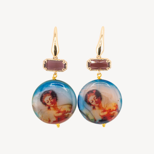 Bronze Closed Stud Earrings with Pantographed Agate and Cat's Eye 30x65mm