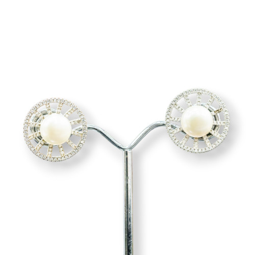 925 Silver Stud Earrings with Cubic Zirconia and River Pearls 20mm