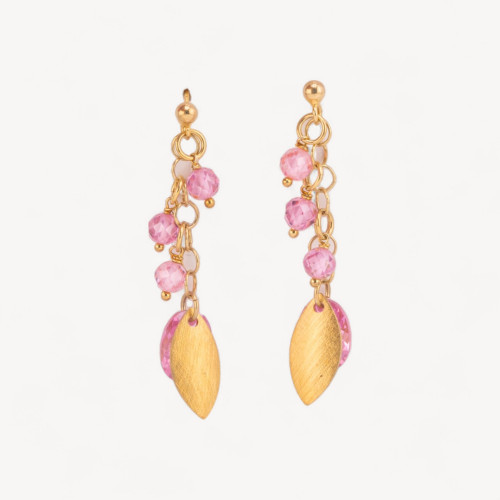 Pendientes de plata 925 con hojas de plata y circonita facetada ovalada de 15 x 50 mm en color rosa