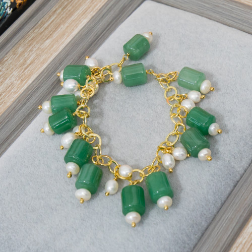 925 Silver Bracelet Gold Plated Chain With Barrel Aventurine Pendants And River Pearls 18cm