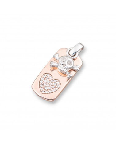 Pendente in Argento 925 Medaglietta Oro Rosa Cuore Con Teschio Pendente E Zirconi a Forma di Cuore 10x25mm-SILVER 925 DESIGN ITALY | Worldofjewel.com
