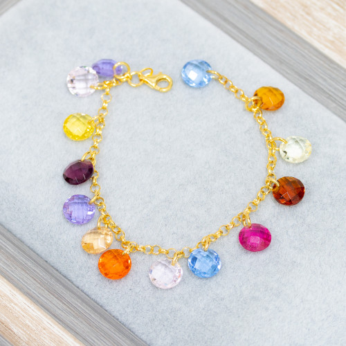 925 Silver Bracelet Gold Plated Roll Chain With Multicolor Faceted Zircons Pendants 20cm