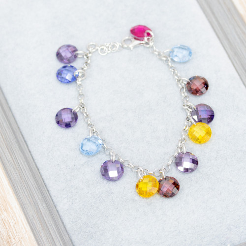 925 Silver Bracelet With Chain And Faceted Multicolor Pendant Zircons 18.5cm 2.5cm