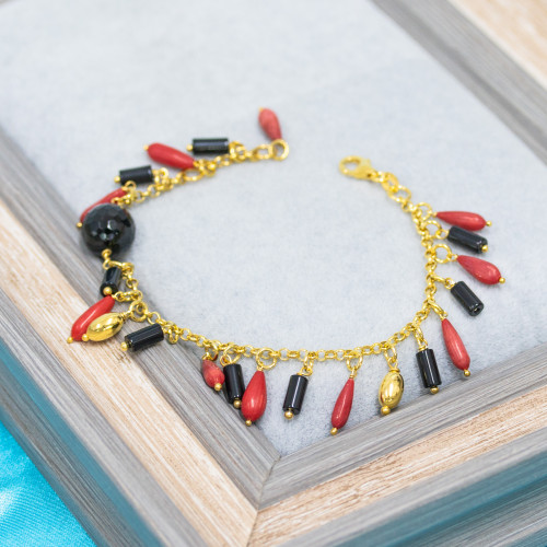 925 Silver Bracelet With Gold Plated Chain Bamboo Coral Drops And Onyx Shapes 19cm 2.5cm