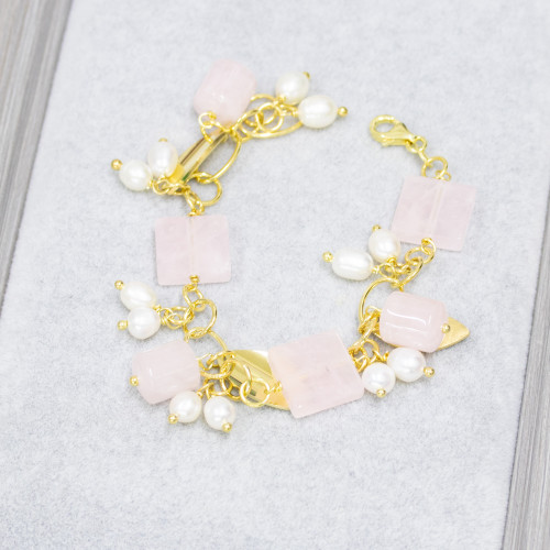 925 Silver Bracelet With Gold Plated Chain Of Rose Quartz Shapes And Rice River Pearls 18.5cm