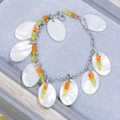 925 Silver Bracelet With Rolò Chain And Oval Mother-of-Pearl Pendants With Jade Rondelle And Zircons 21cm