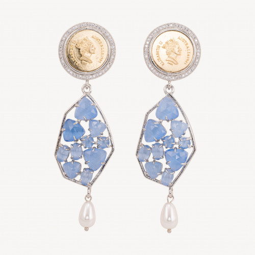 Bronze Stud Earrings with Coin and Sky Blue Stones with Mallorca Pearl Drop