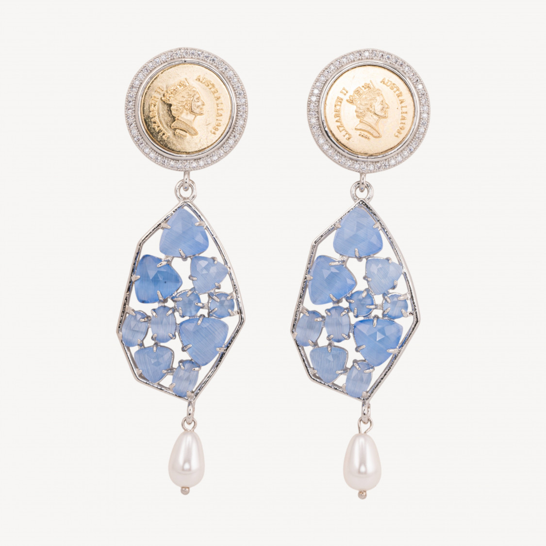 Bronze Stud Earrings with Coin and Sky Blue Stones with Mallorca Pearl Drop-EARRINGS MADE WITH STYLE | Worldofjewel.com