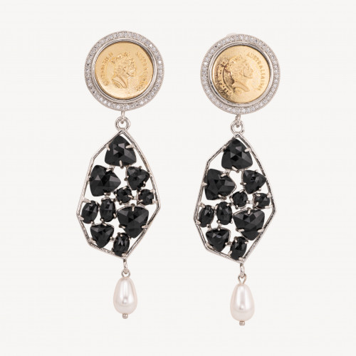 Pendientes de bronce con moneda y piedras negras con perla de Mallorca en forma de gota