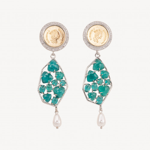 Pendientes de bronce con moneda y piedras verdes con perla de Mallorca en forma de gota