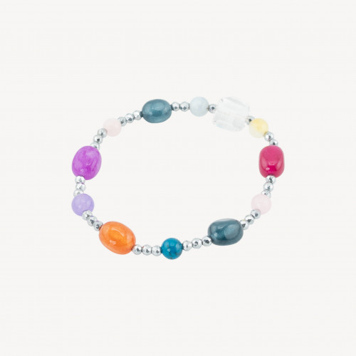 Elastic Bracelet with Semi-Precious Stones and Crystal with Rhodium-Plated Hematite and Multicolored Jade