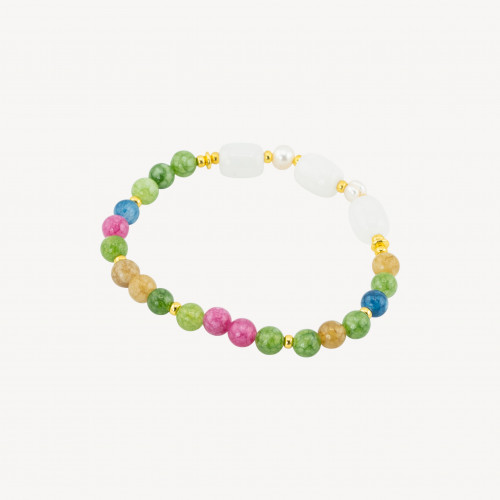 Elastic Bracelet with Semi-Precious Stones and River Pearls with Golden Hematite and Multicolored Jade