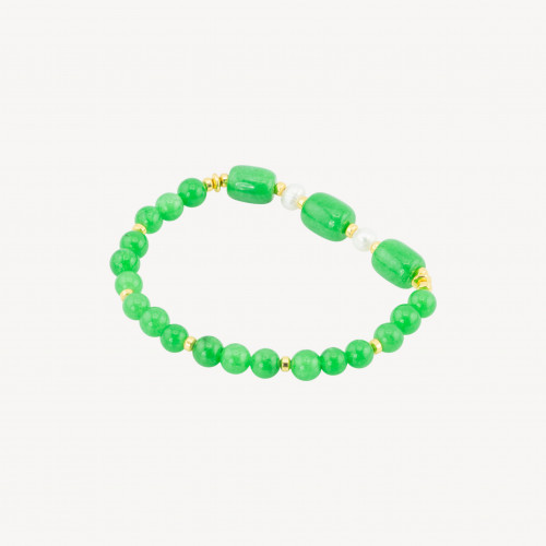 Elastisches Armband mit Halbedelsteinen und Flussperlen sowie goldenem Hämatit und grünem Jade