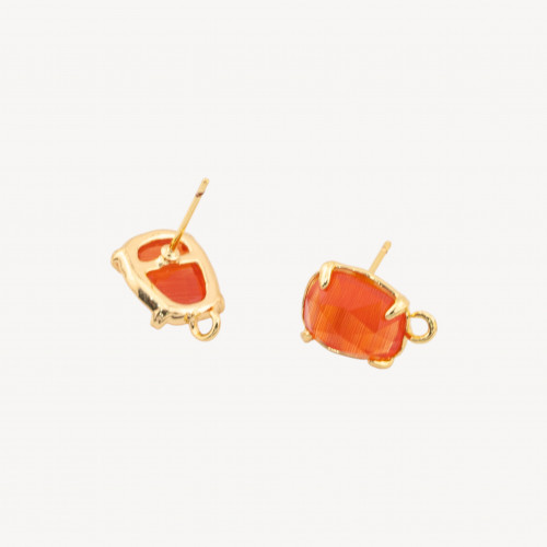 5 paires de boucles d'oreilles puces œil-de-chat facettées en laiton doré orange, base 10,5 x 12 mm
