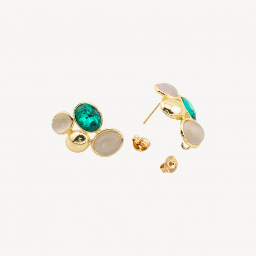 Bronze Stud Earring Base with Gray Cat's Eye Setting and Green CZ Crystal Drops Gold Plated 2 Pairs