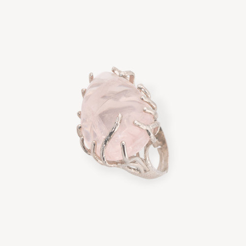 Bronze Ring with Rose Quartz Adjustable Size 20-34mm Rhodium Plated