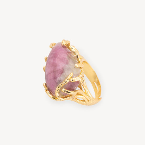 Bague en bronze avec rhodonite, taille ajustable 20-34 mm, plaquée or
