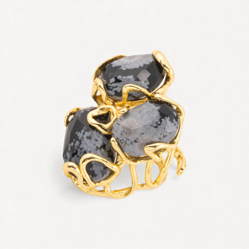 Anello Regolabile in Bronzo Dorato Collezione AURORA con Pietre Dure Agata Muschiata Nera | Gioiello Artigianale Donna 32x36m-ANELLI BIJOUX DONNA AURORA BEST SELLER | Worldofjewel.com