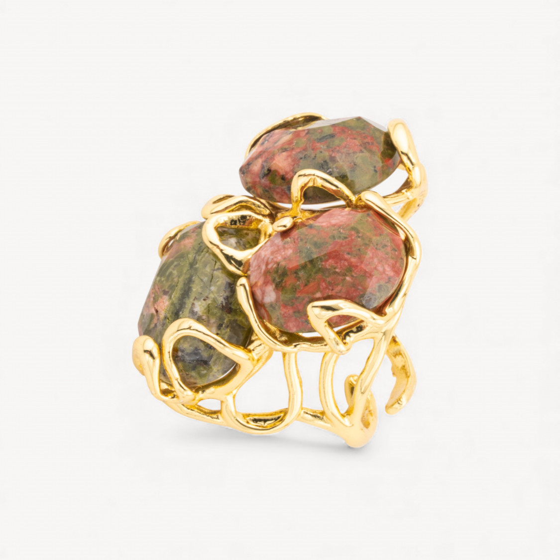 Anello Regolabile in Bronzo Dorato Collezione AURORA con Pietre Dure Unakite | Gioiello Artigianale Donna 32x36mm-ANELLI BIJOUX DONNA AURORA BEST SELLER | Worldofjewel.com