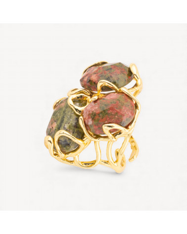Anello Regolabile in Bronzo Dorato Collezione AURORA con Pietre Dure Unakite | Gioiello Artigianale Donna 32x36mm-ANELLI BIJOUX DONNA AURORA BEST SELLER | Worldofjewel.com