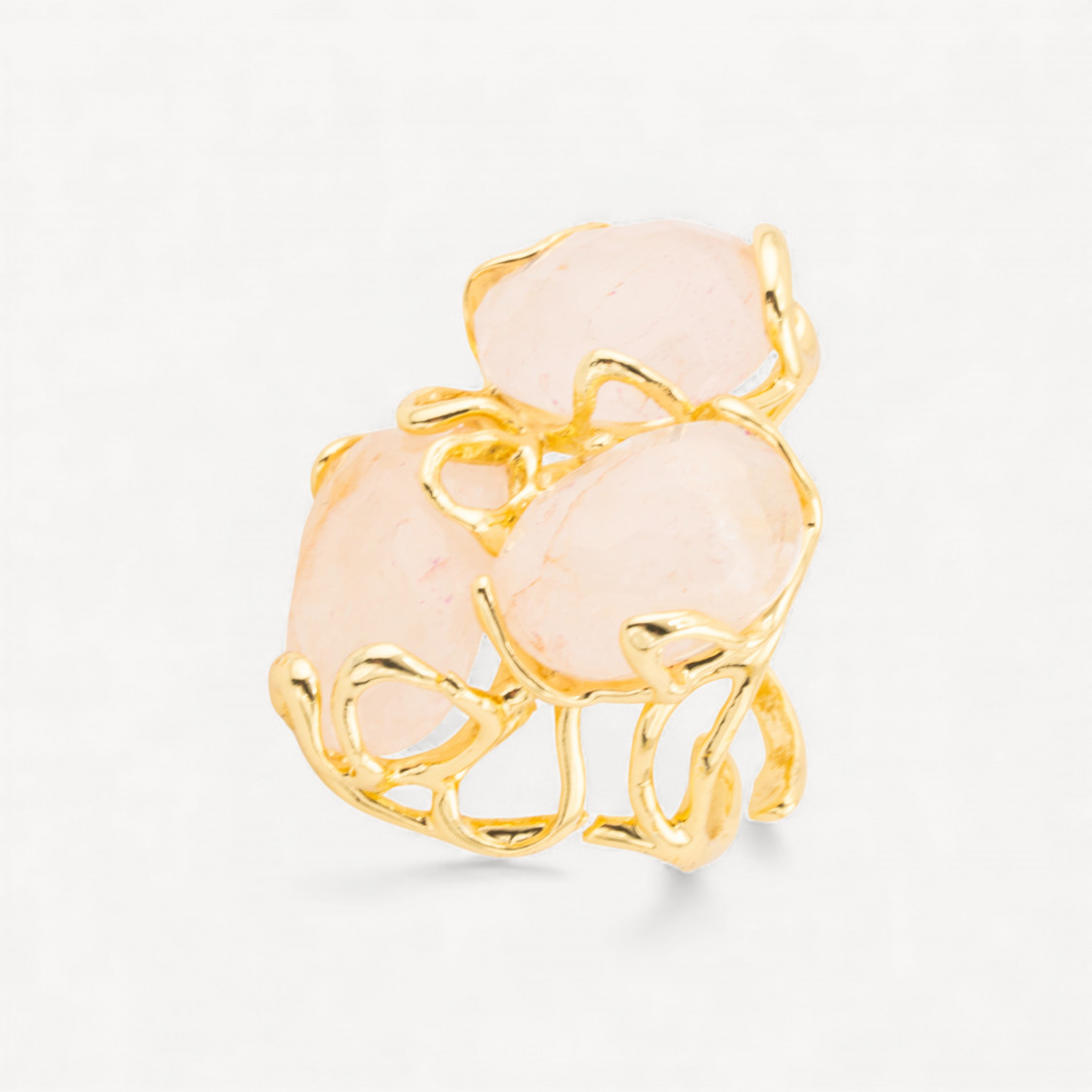 Anello Regolabile in Bronzo Dorato Collezione AURORA con Pietre Dure Quarzo Rosa | Gioiello Artigianale Donna 32x36mm-ANELLI BIJOUX DONNA AURORA BEST SELLER | Worldofjewel.com