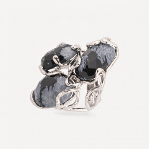 Bague ajustable en bronze rhodié de la collection Aurora, ornée de pierres d'agate mousse noire | Bijou artisanal pour femme, 32