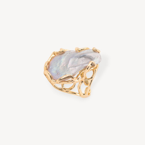 Bague en bronze avec perles de rivière baroques plates, taille ajustable 20-34 mm, plaquée or MOD.5