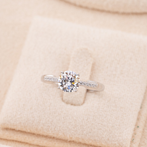 Bague ajustable en argent 925 avec moissanite blanche taille brillant, plaquée rhodium MJ-044Q