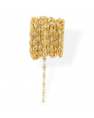 Catena Di Ottone Con Zirconi Taglio Brillante Incastonati 4mm 10 Metri Dorato-CATENE CON PIETRE E CRISTALLI | Worldofjewel.com