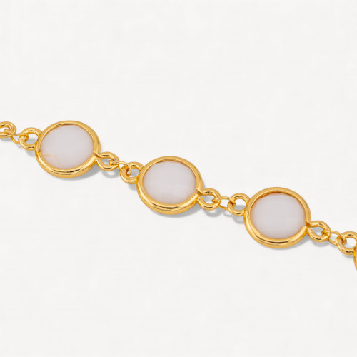 Catena Rosario Di Ottone Con Occhio Di Gatto Cabochon Tondo 10mm 1 Metro Dorato Bianco