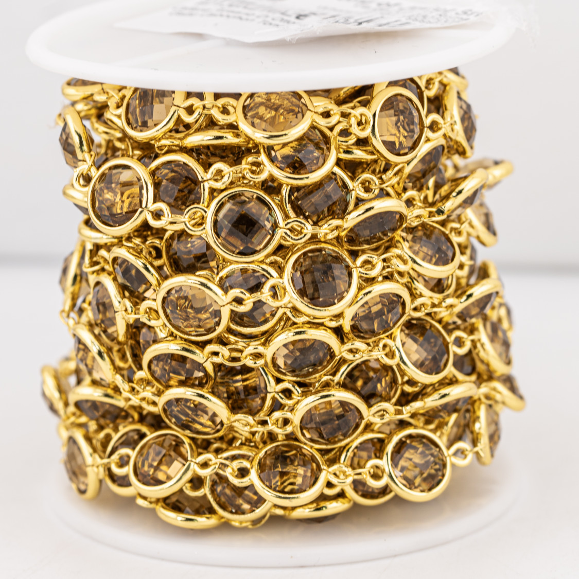 Catena Rosario Di Ottone Con Occhio Di Gatto Cabochon Tondo 10mm 5 Metri Dorato Fume'-CATENE CON PIETRE E CRISTALLI | Worldofjewel.com