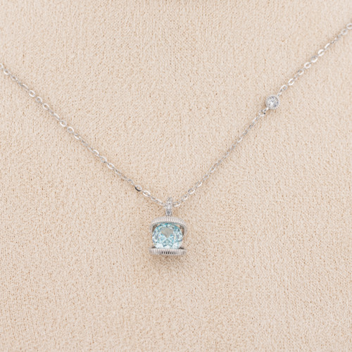 Collana Gioiello In Argento 925 Con Pendente Corindone Sintetico Gemma Blu Rodiato YL-7945