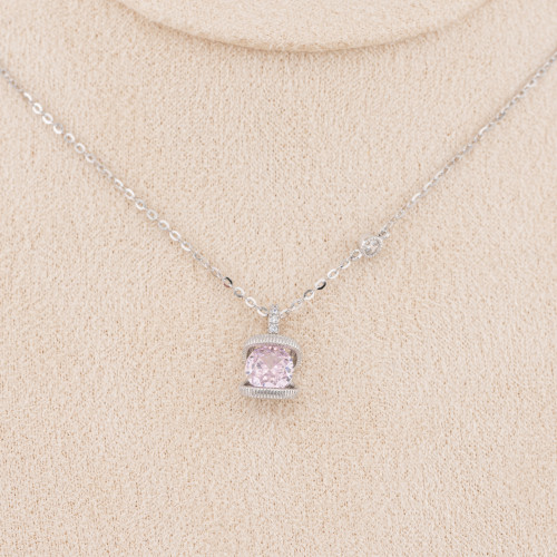 Collier en argent 925 avec pendentif en corindon synthétique rose rhodié YL-7945