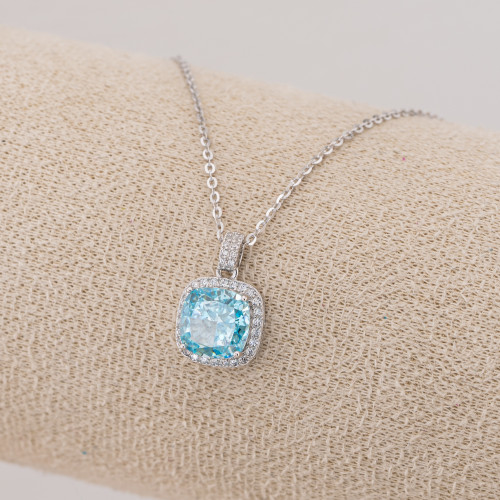 Collana Gioiello In Argento 925 Con Pendente Corindone Sintetico Quadratino Blu Rodiato YL-7917