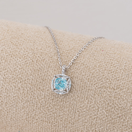 Collier en argent 925 avec pendentif carré en corindon synthétique bleu rhodié YL-7928