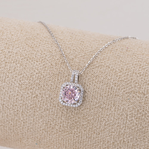 Collier en argent 925 avec pendentif carré en corindon synthétique rose rhodié YL-7914