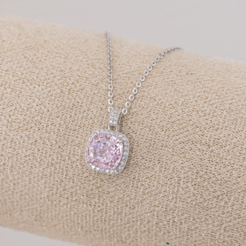 Halskette aus 925er Sterlingsilber mit rhodiniertem, quadratischem Anhänger aus synthetischem Korund in Rosa (YL-7917)