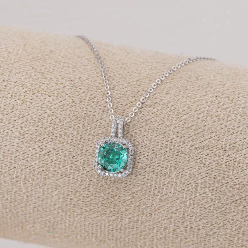 Collier en argent 925 avec pendentif carré en corindon synthétique vert rhodié YL-7914